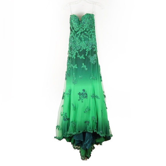 Vintage Y2k Strapless Floral Emroirdered Lace Mesh Maxi Long Train Green Dress - Picture 4 of 5